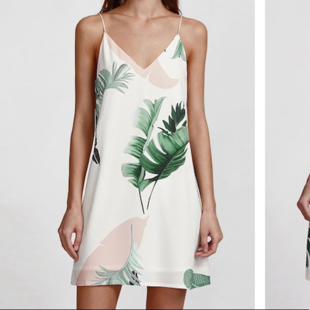 Palm leaf print double v neck cami dress